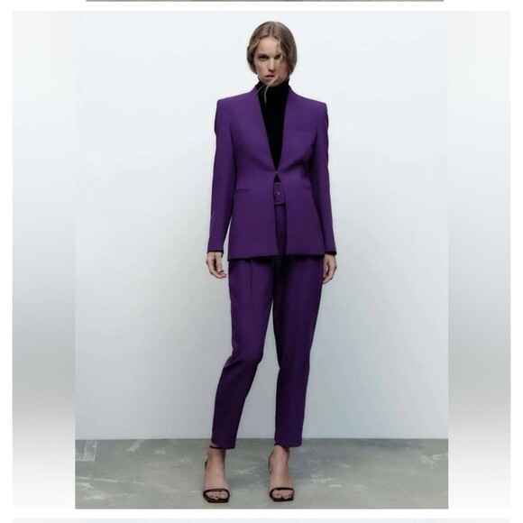 ZARA LAPELLESS FITTED BLAZER DARK PURPLE SZ S Career Wear Office 8135/701 - Picture 2 of 5
